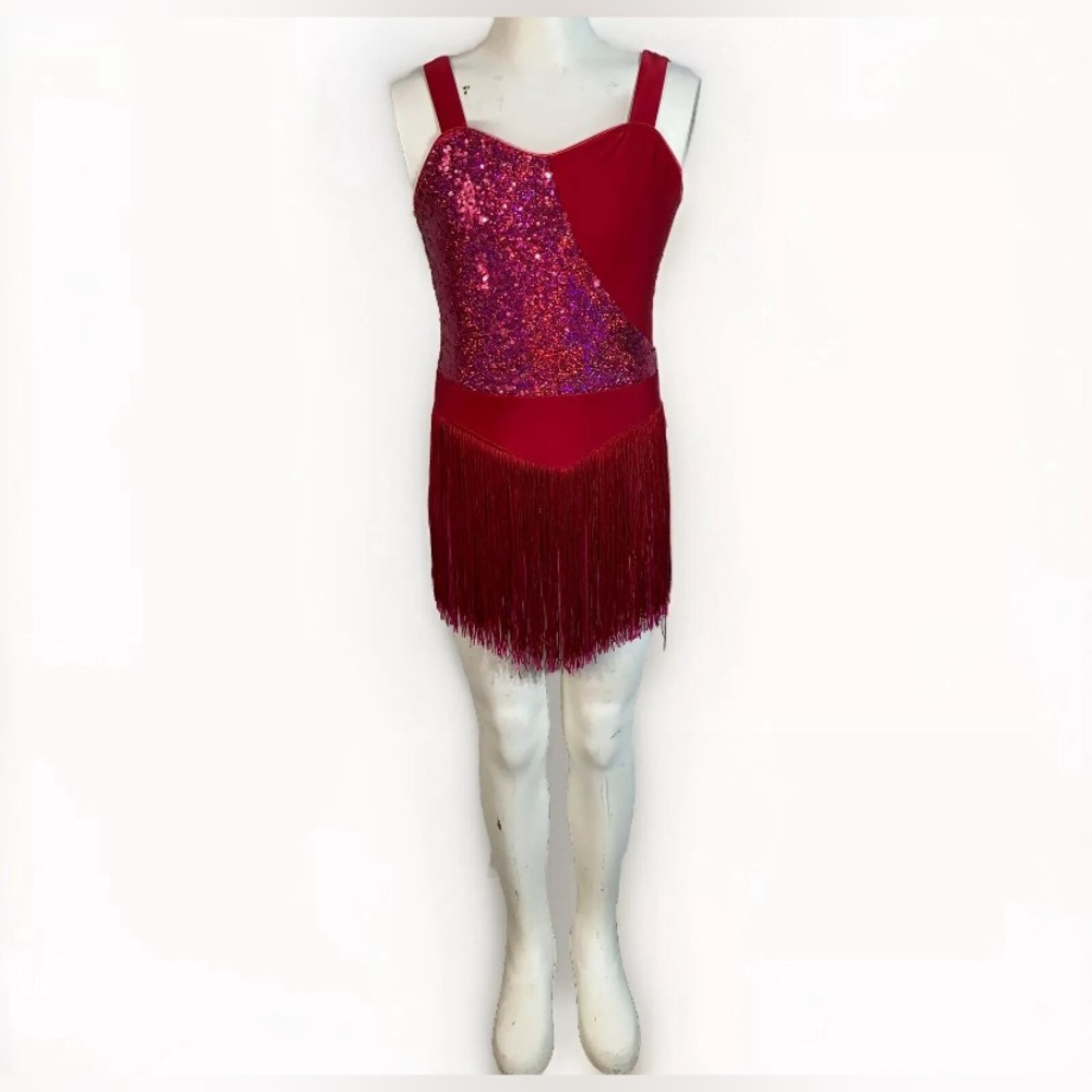 REVOLUTION PINK AND RED FRINGED LEOTARD SZ M GIRLS